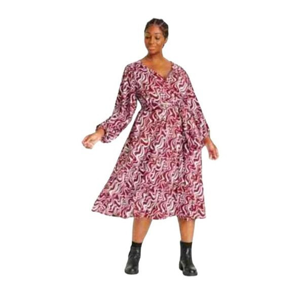 Ava & Viv Faux Wrap Balloon Sleeve Belted Midi Dress Size 3X - Picture 3 of 8